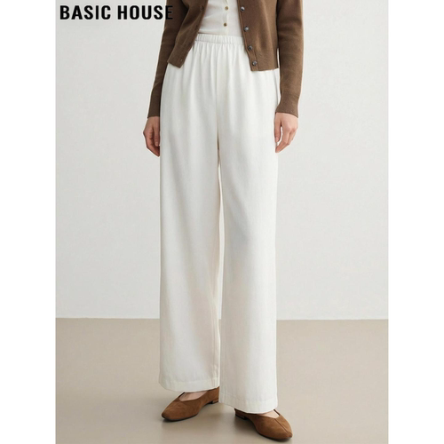 百家好白色天丝松紧腰休闲阔腿裤