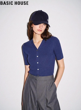 Basic House/百家好藏青色V领天丝针织短袖女夏季修身冰丝半袖T恤