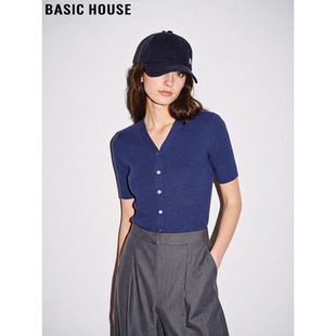 House 冰丝半袖 百家好藏青色V领天丝针织短袖 修身 T恤 女夏季 Basic