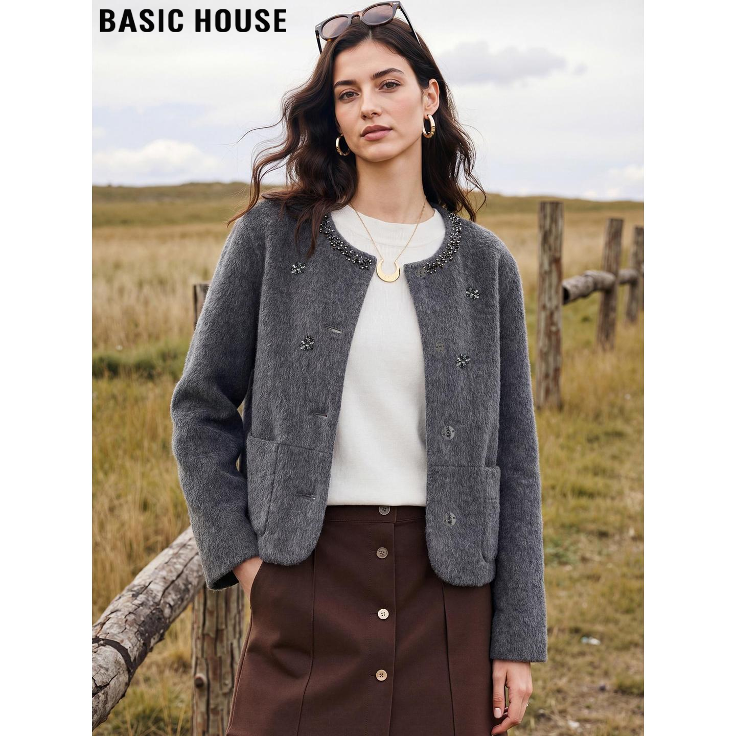 Basic House/百家好高级钉珠小香风毛呢外套女士冬季100%羊毛大衣,女装/女士精品,毛呢外套,淘宝优惠券,粉丝福利购,淘宝优惠卷