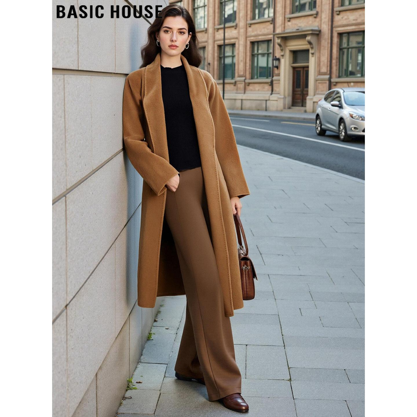 百家好中长款驼色羊毛呢子大衣女