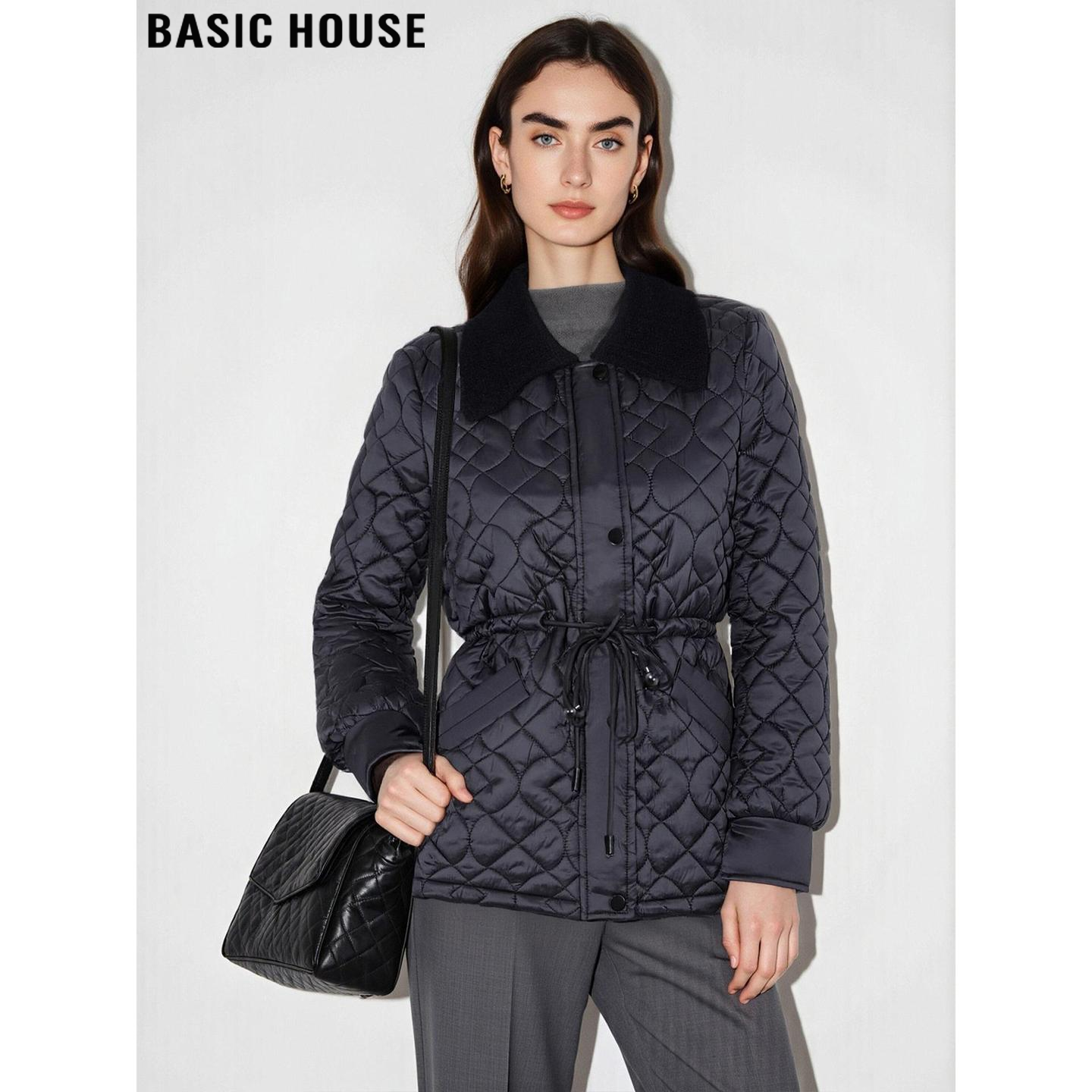 Basic House/百家好高级感黑色菱格翻领棉服外套女士冬季收腰棉衣