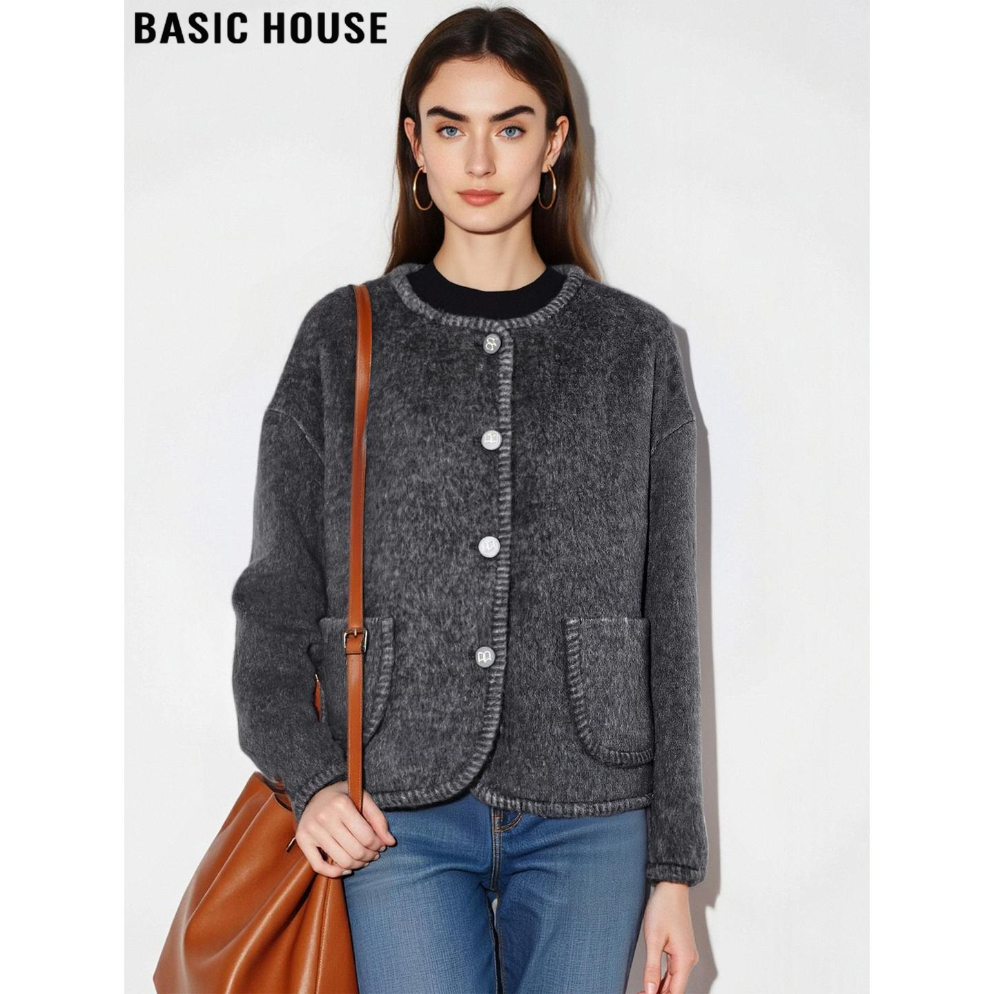 百家好高级感灰色圆领毛呢外套女