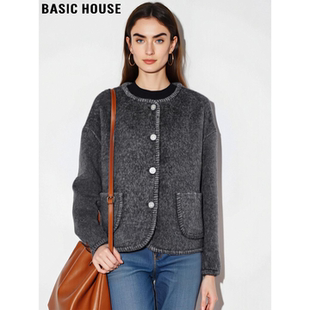 Basic House/百家好灰色圆领毛呢外套女冬季高级感加厚羊毛呢大衣