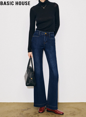 Basic House/百家好深蓝色微喇牛仔裤女冬加绒加厚大码修身喇叭裤