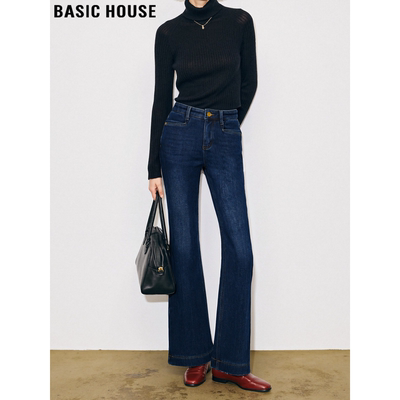 深蓝色微喇牛仔裤加绒修身喇叭裤