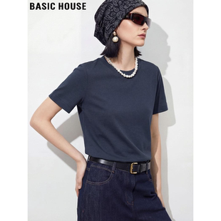 T恤女夏季 Basic 藏蓝纯棉短袖 百家好美式 圆领正肩体恤上衣 House