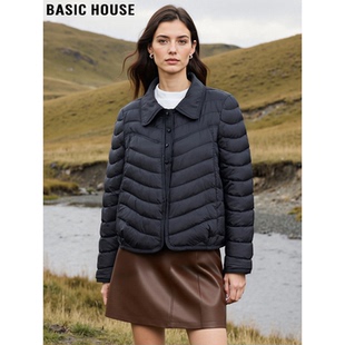 Basic House/百家好黑色90鸭绒翻领羽绒服女冬高级感加厚保暖外套
