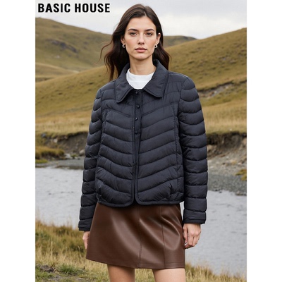百家好黑色90%鸭绒翻领羽绒服女