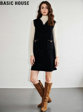 Basic House/百家好黑色羊毛V领连衣裙女2026春季新款中长款A字裙