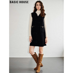 Basic House/百家好黑色羊毛V领连衣裙女2026春季新款中长款A字裙