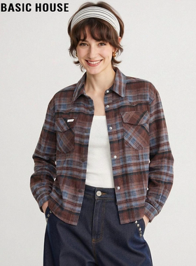 Basic House/百家好翻领格子衬衫女2026春季新款外搭磨毛短款外套