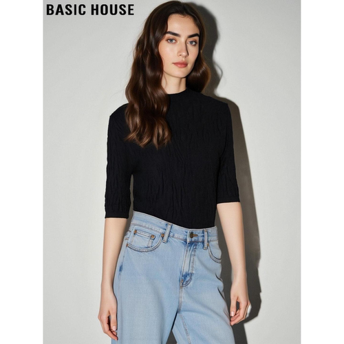 百家好黑色肌理感半袖打底针织衫