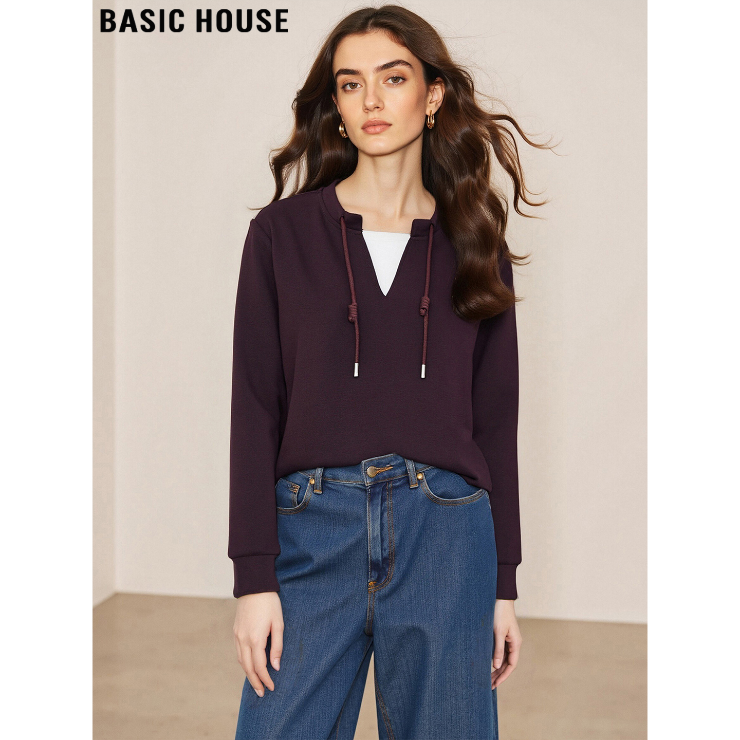 百家好酒红色抽绳休闲宽松卫衣女