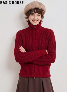 Basic House/百家好红色立领羊毛针织开衫女春季新年战袍拉链毛衣