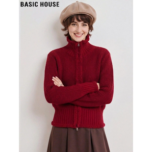 Basic House/百家好红色立领羊毛针织开衫女春季新年战袍拉链毛衣