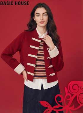 Basic House/百家好新年战袍红色毛呢外套女冬新中式短款羊毛大衣