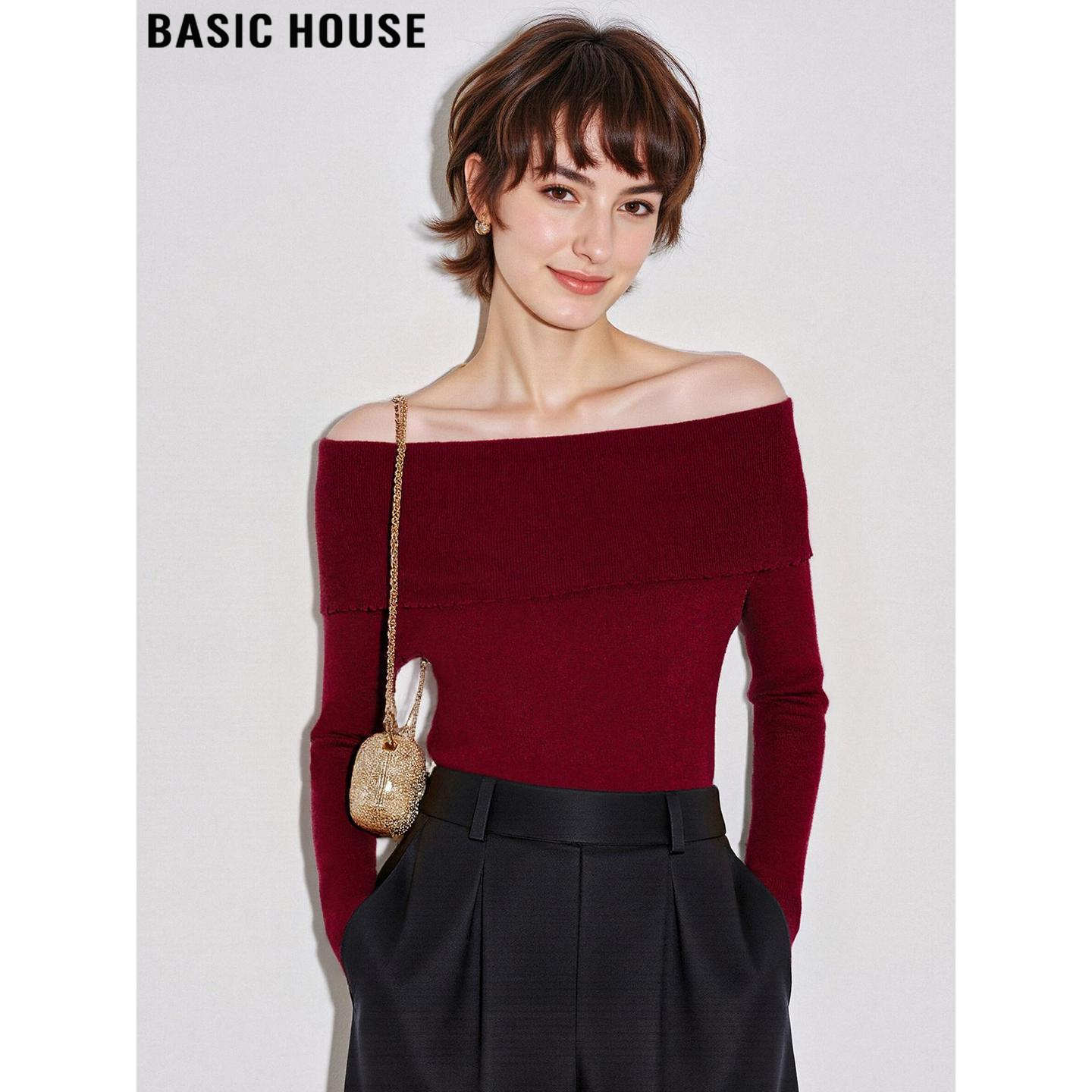 百家好法式一字肩针织衫修身气质