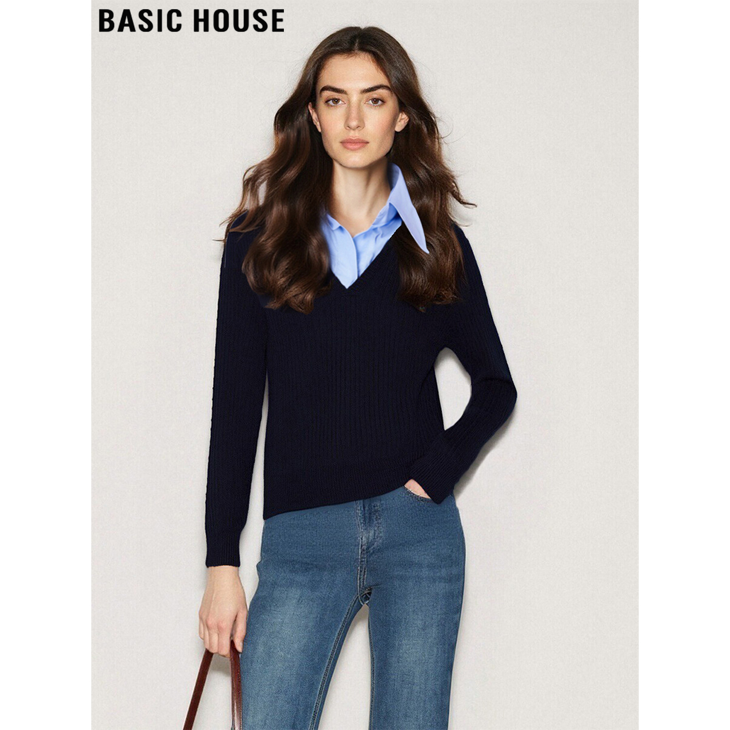 百家好假两件藏蓝色针织衫女内搭