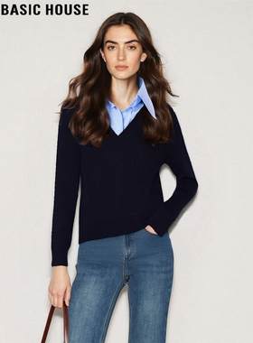 Basic House/百家好假两件藏蓝色针织衫女2025秋冬衬衫领内搭上衣