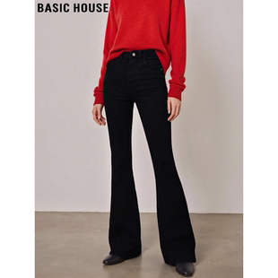 Basic House/百家好黑色加绒微喇牛仔裤女冬季弹力高腰九分马蹄裤