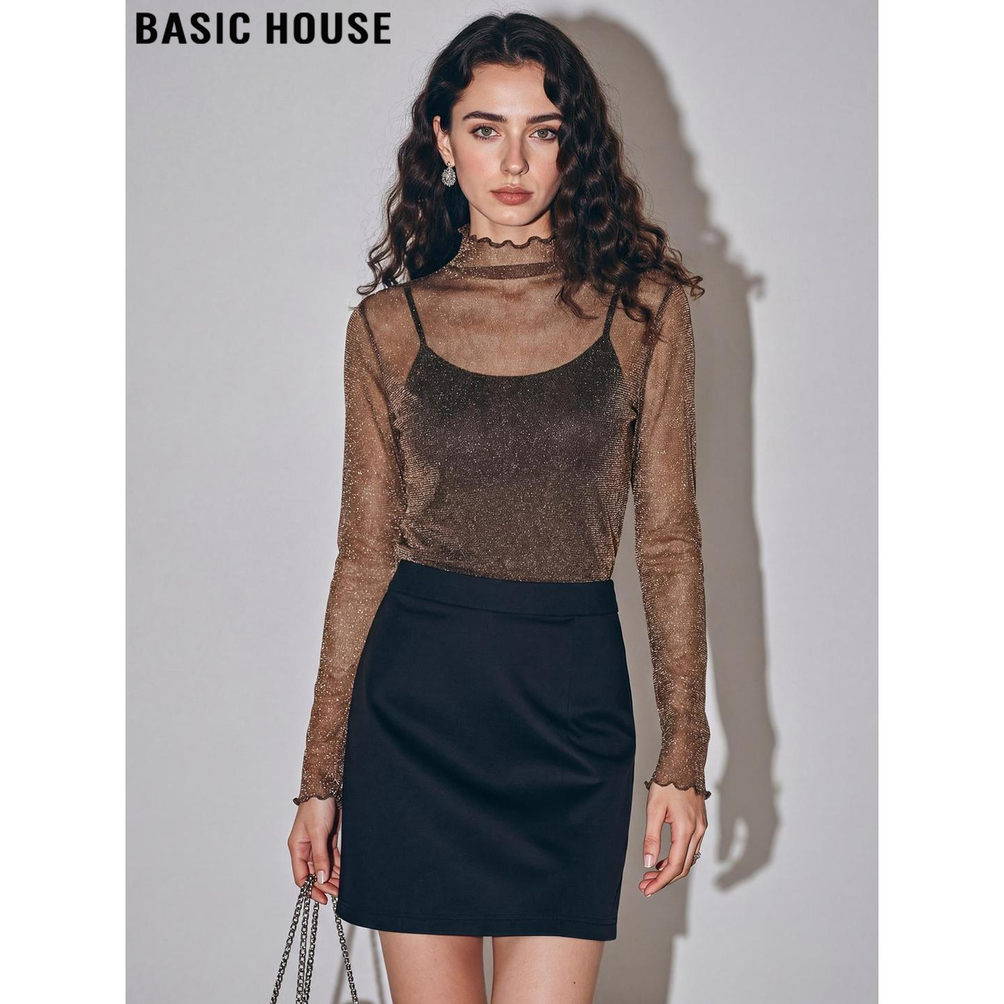 Basic House/百家好轻奢亮丝网纱长袖T恤女2026春季新款内搭上衣,女装/女士精品,T恤,淘宝优惠券,粉丝福利购,淘宝优惠卷