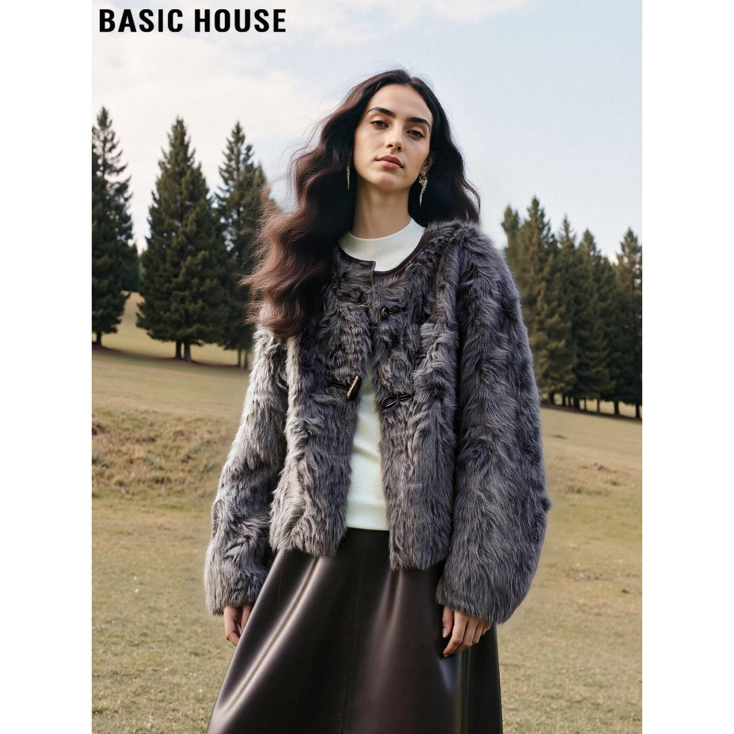 Basic House/百家好灰色圆领环保皮草女士冬季加厚短款毛茸茸外套,女装/女士精品,短外套,淘宝优惠券,粉丝福利购,淘宝优惠卷