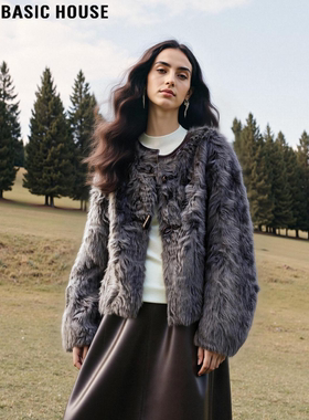 Basic House/百家好灰色圆领环保皮草女士冬季加厚短款毛茸茸外套