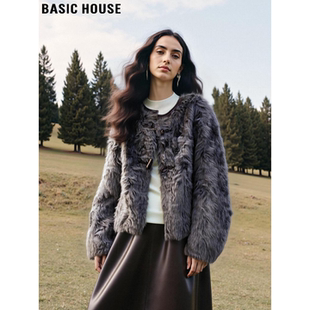 加厚短款 百家好灰色圆领环保皮草女士春季 毛茸茸外套 House Basic
