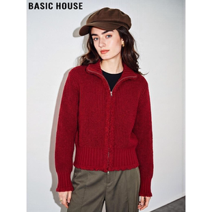 Basic House/百家好红色羊毛针织开衫女2026春季新款拉链毛衣外套