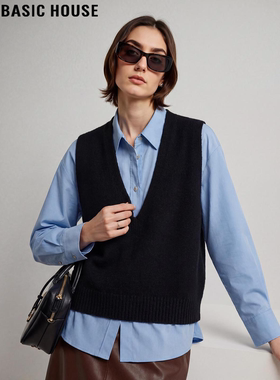 Basic House/百家好黑色羊毛针织马甲女2026春季新款软糯V领马夹