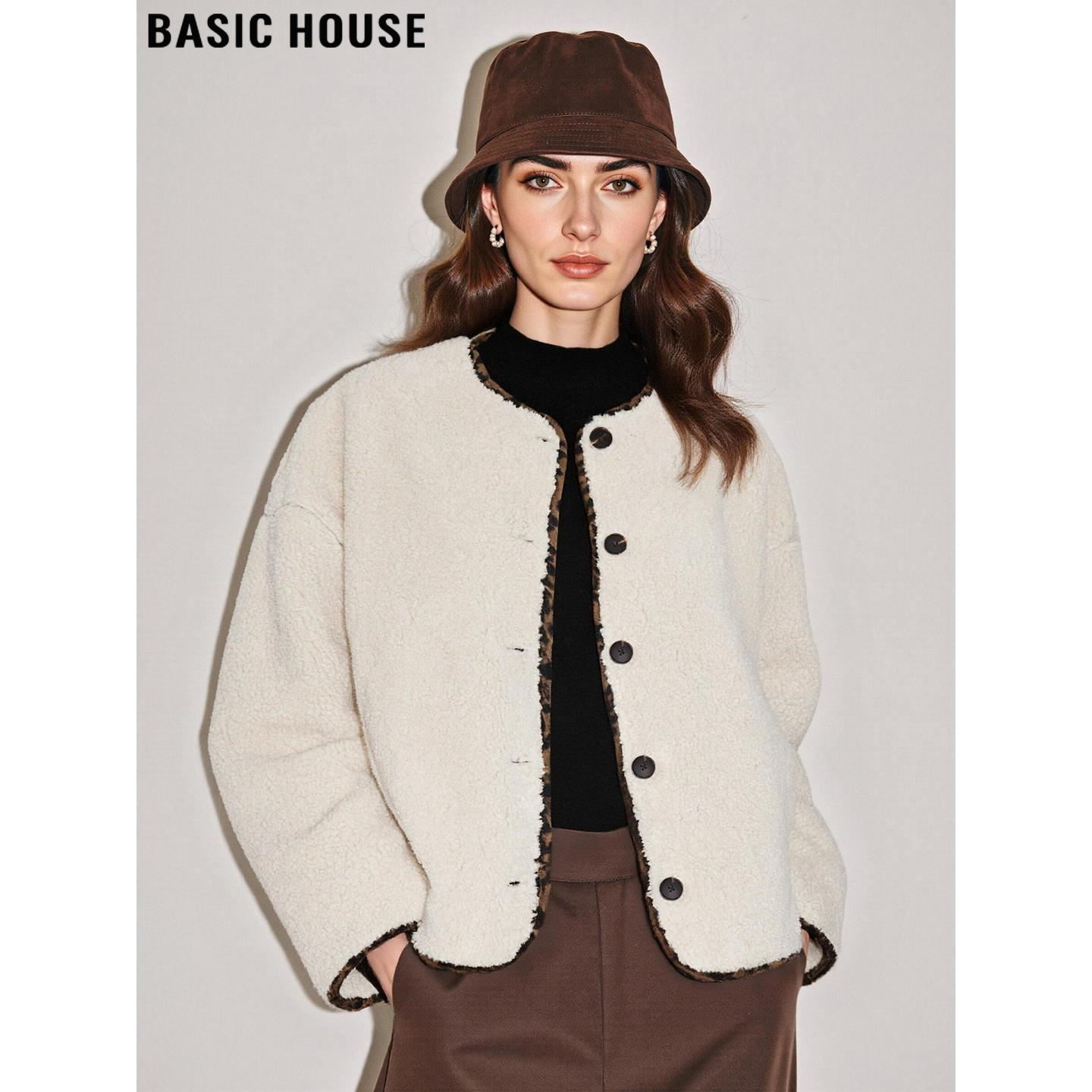 米白色圆领毛毛外套加厚短款夹克