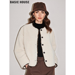 Basic House/百家好米白色圆领毛毛外套女冬季高级感加厚短款夹克