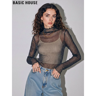 新款 Basic 女2026春季 百家好性感微透蕾丝打底衫 亮丝薄纱衣 House