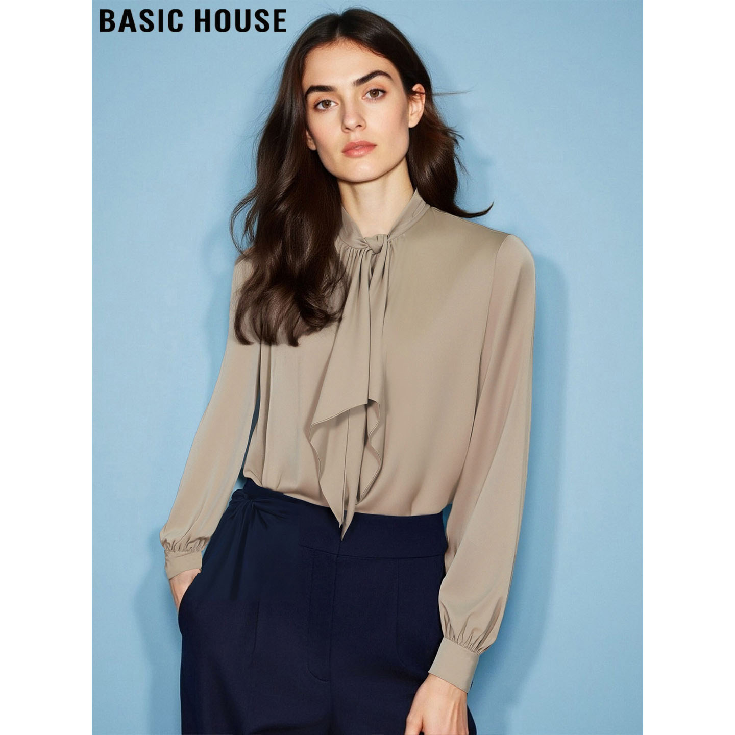 百家好美拉德咖色飘带衬衫女法式