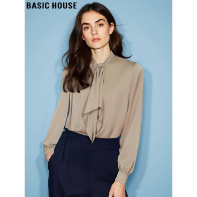 百家好美拉德咖色飘带衬衫女法式