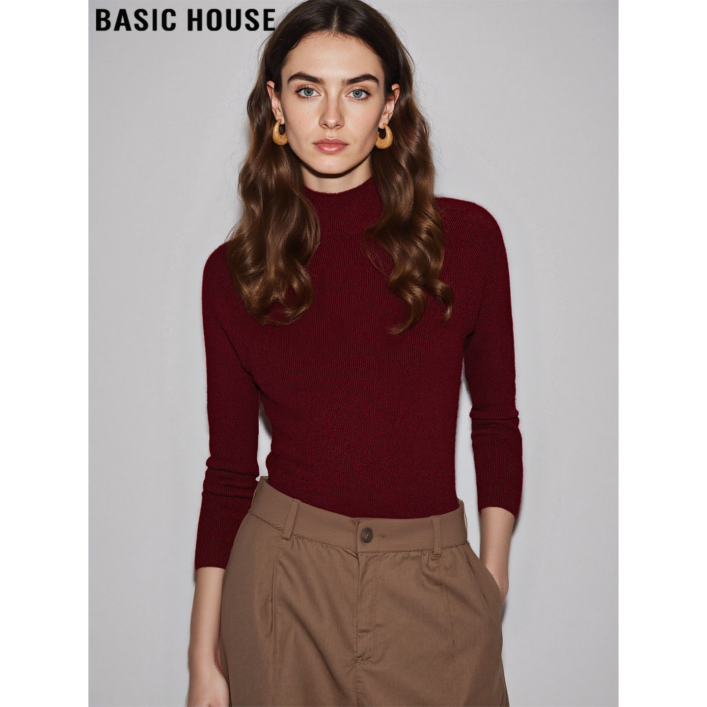 百家好半高领酒红色针织打底衫女