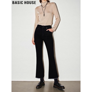 Basic House/百家好黑色九分微喇牛仔裤女冬季加绒高腰毛边喇叭裤