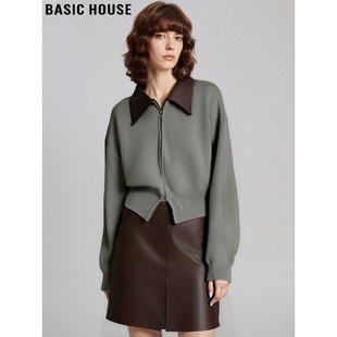 Basic House/百家好设计感撞色翻领针织开衫女冬短款上衣收腰毛衣