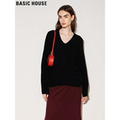House 百家好法式 黑色细闪V领羊毛针织毛衣打底衫 Basic 女士冬季