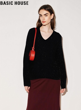 Basic House/百家好法式黑色细闪V领羊毛针织毛衣打底衫女士冬季