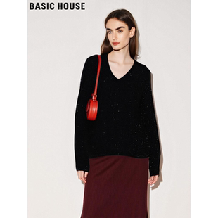 女士春季 Basic 黑色细闪V领羊毛针织毛衣打底衫 百家好法式 House