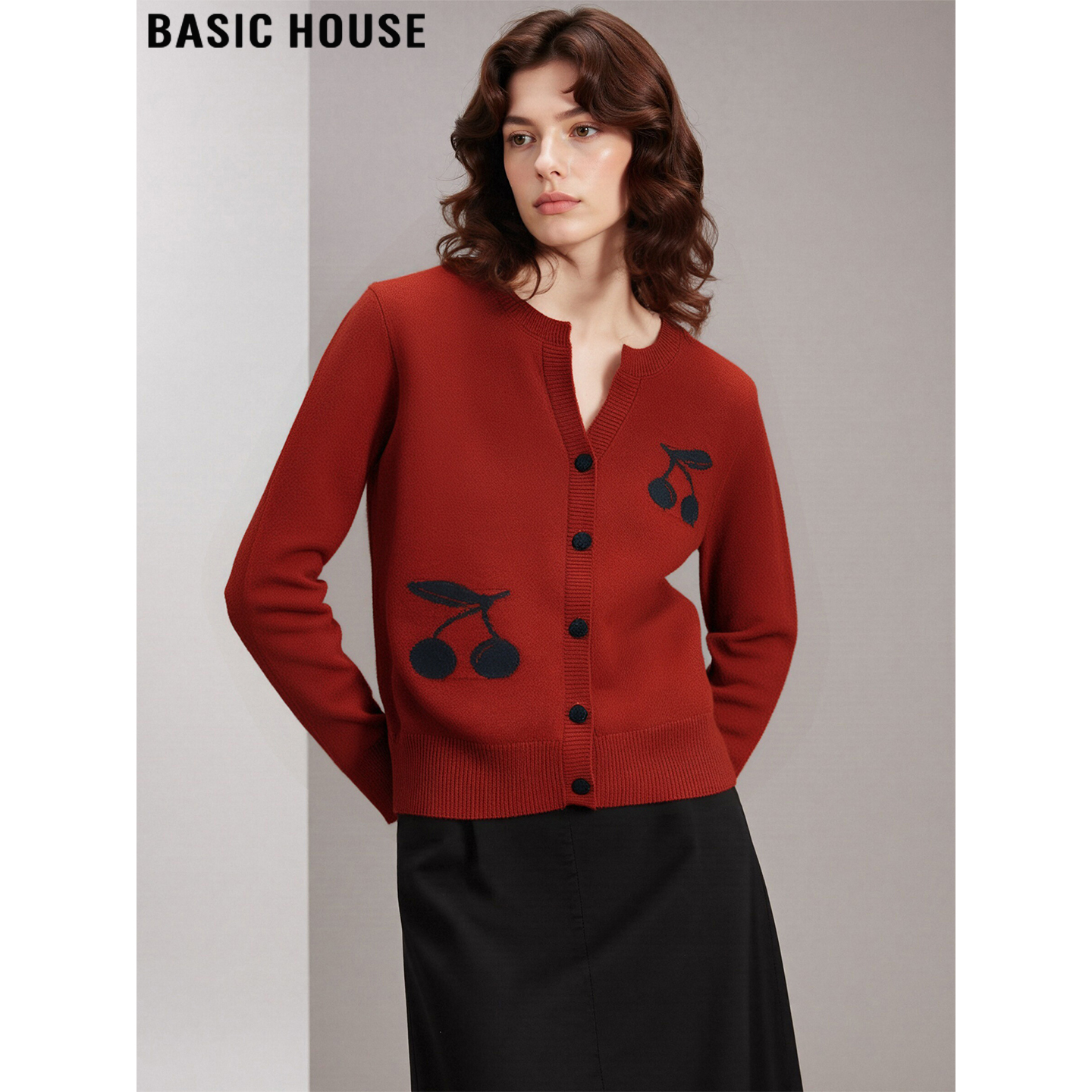 百家好樱桃红色含羊毛针织开衫女