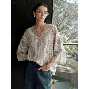 新款 Basic 女2026春季 百家好蛇纹印花V领衬衫 复古宽松上衣 House