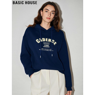 宝蓝色印花连帽卫衣女秋冬宽松慵懒风上衣 百家好美式 Basic House