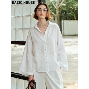 Basic House/百家好老钱风气质亚麻衬衫女士2026春季新款宽松衬衣