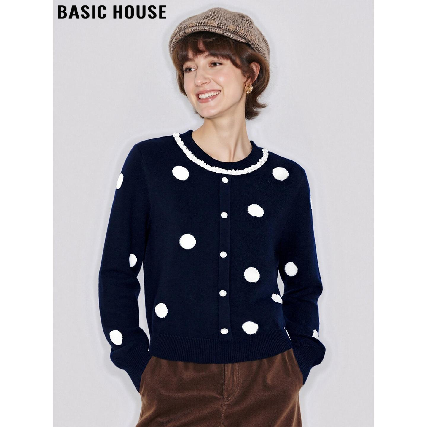 Basic House/百家好复古藏青色波点针织开衫女装秋冬气质毛衣外套