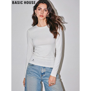 新款 Basic T恤女2026春季 百家好白色正肩圆领长袖 内搭上衣 House