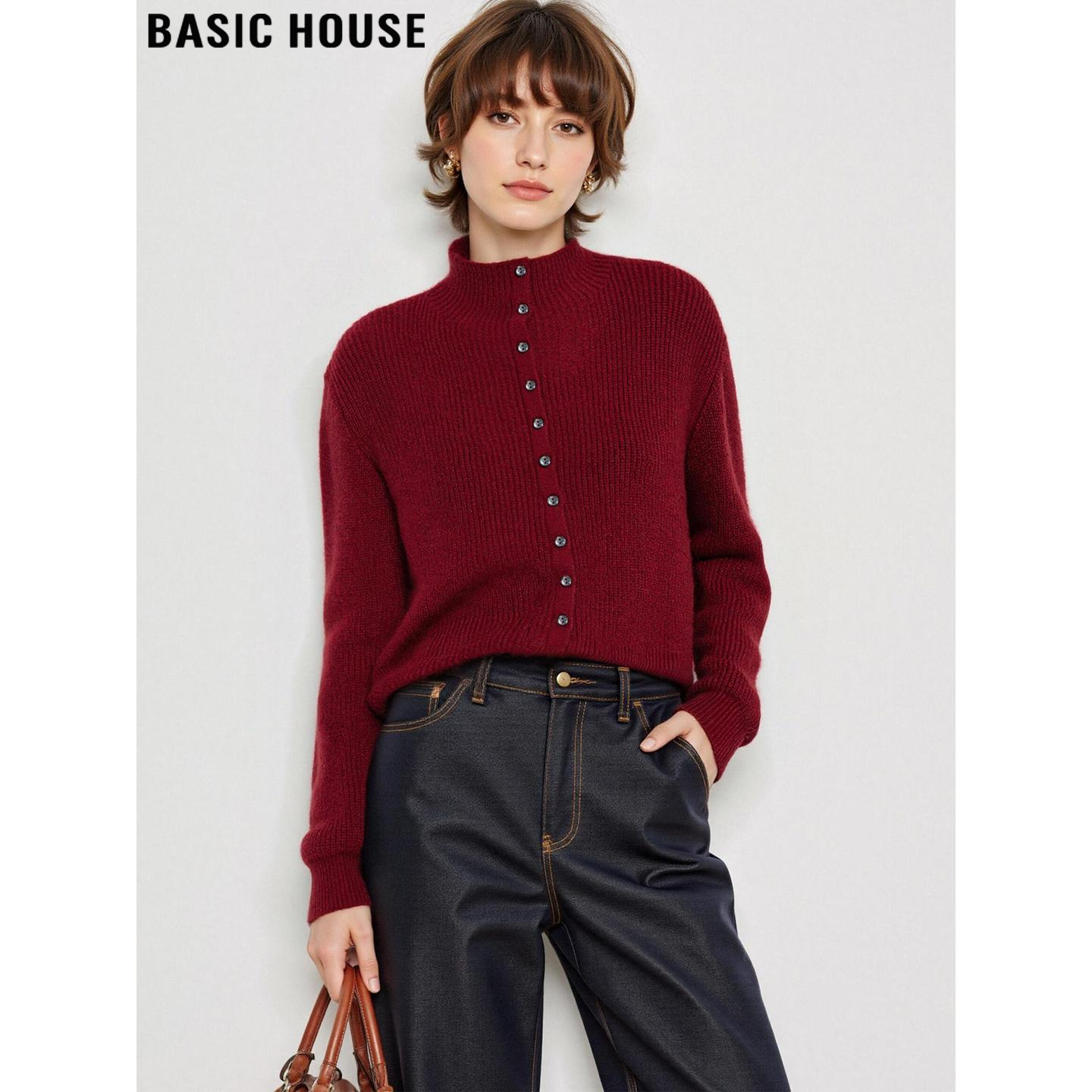 百家好圣诞红半高领毛衣外套女