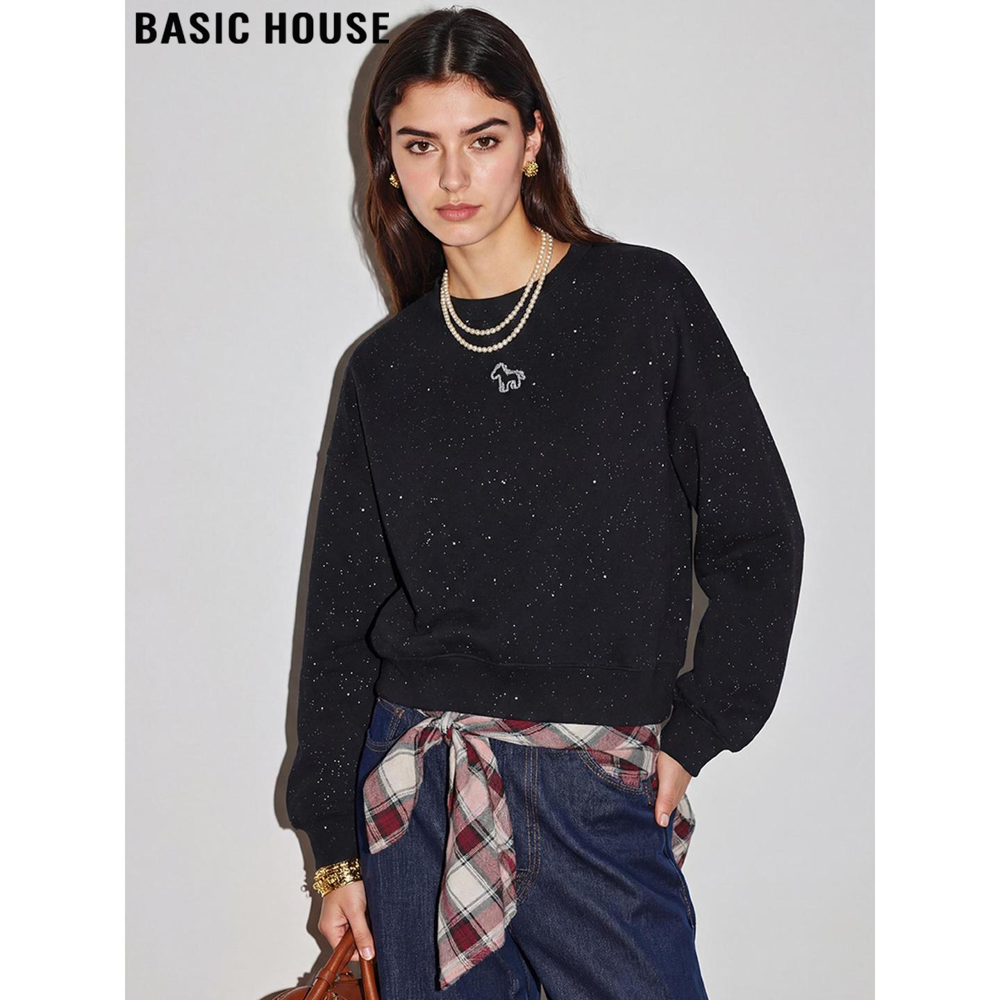 Basic House/百家好黑色细闪圆领卫衣女2026春季新款宽松短款上衣,女装/女士精品,卫衣/绒衫,淘宝优惠券,粉丝福利购,淘宝优惠卷